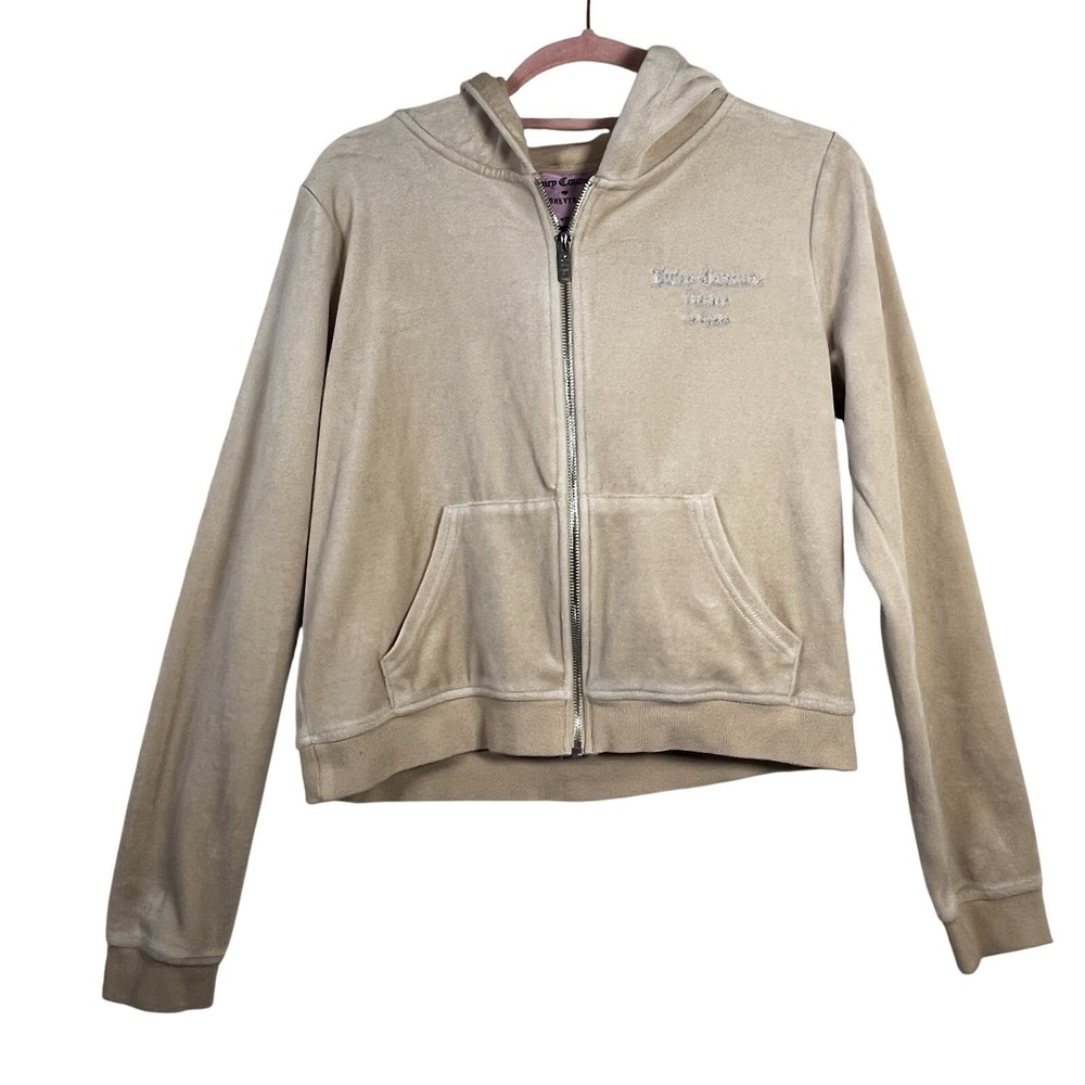 Juicy Couture x Forever 21 Velour Zip Hoodie Juniors L Rhinestone Logo Beige